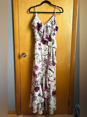 Premier Amour Floral Midi Dress Size 14 | Ruffle Wrap Style Wedding Guest